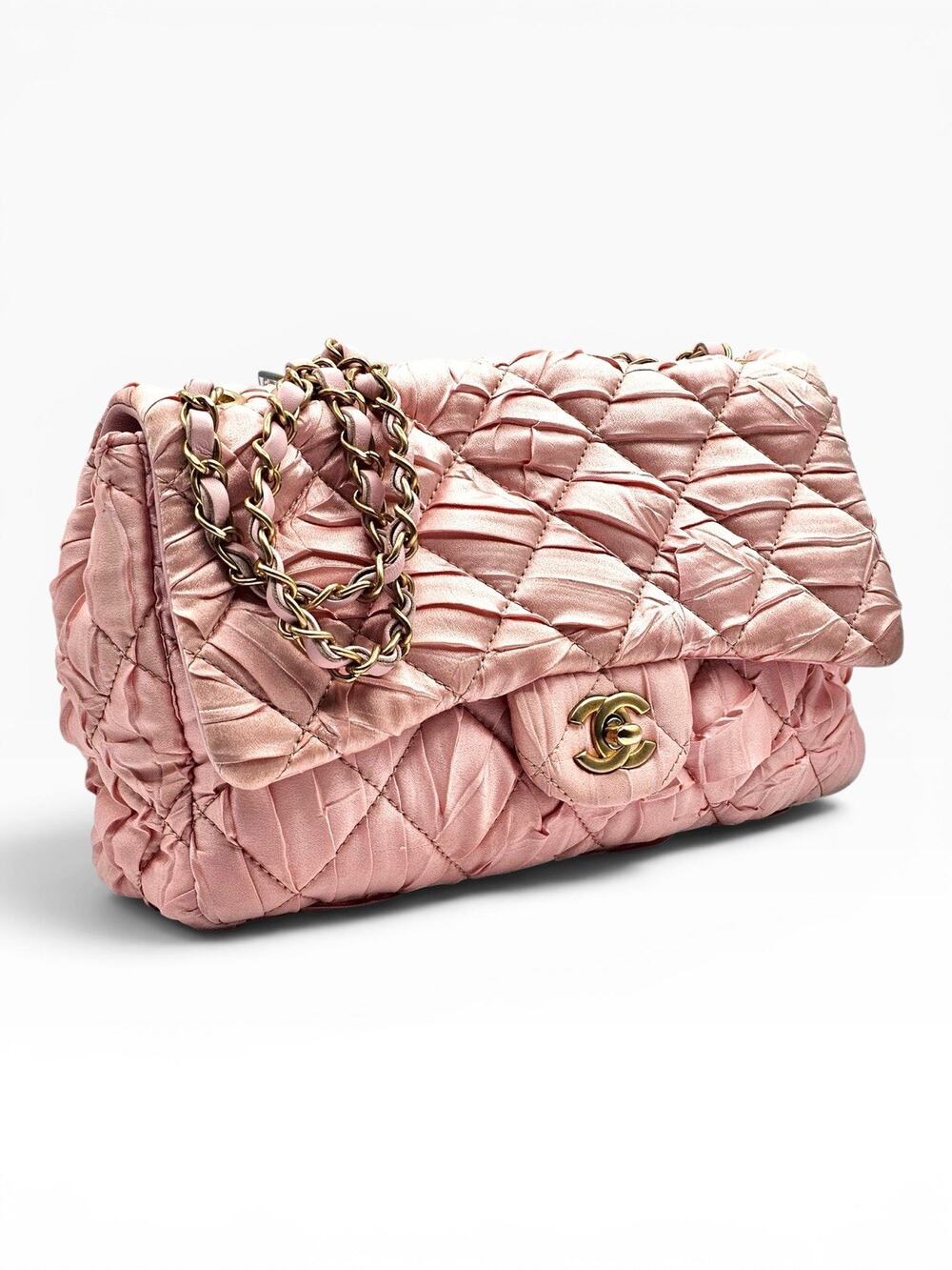 Pink Pleated Satin Quilted Medium Classic Flap Chain Shoulder Bag